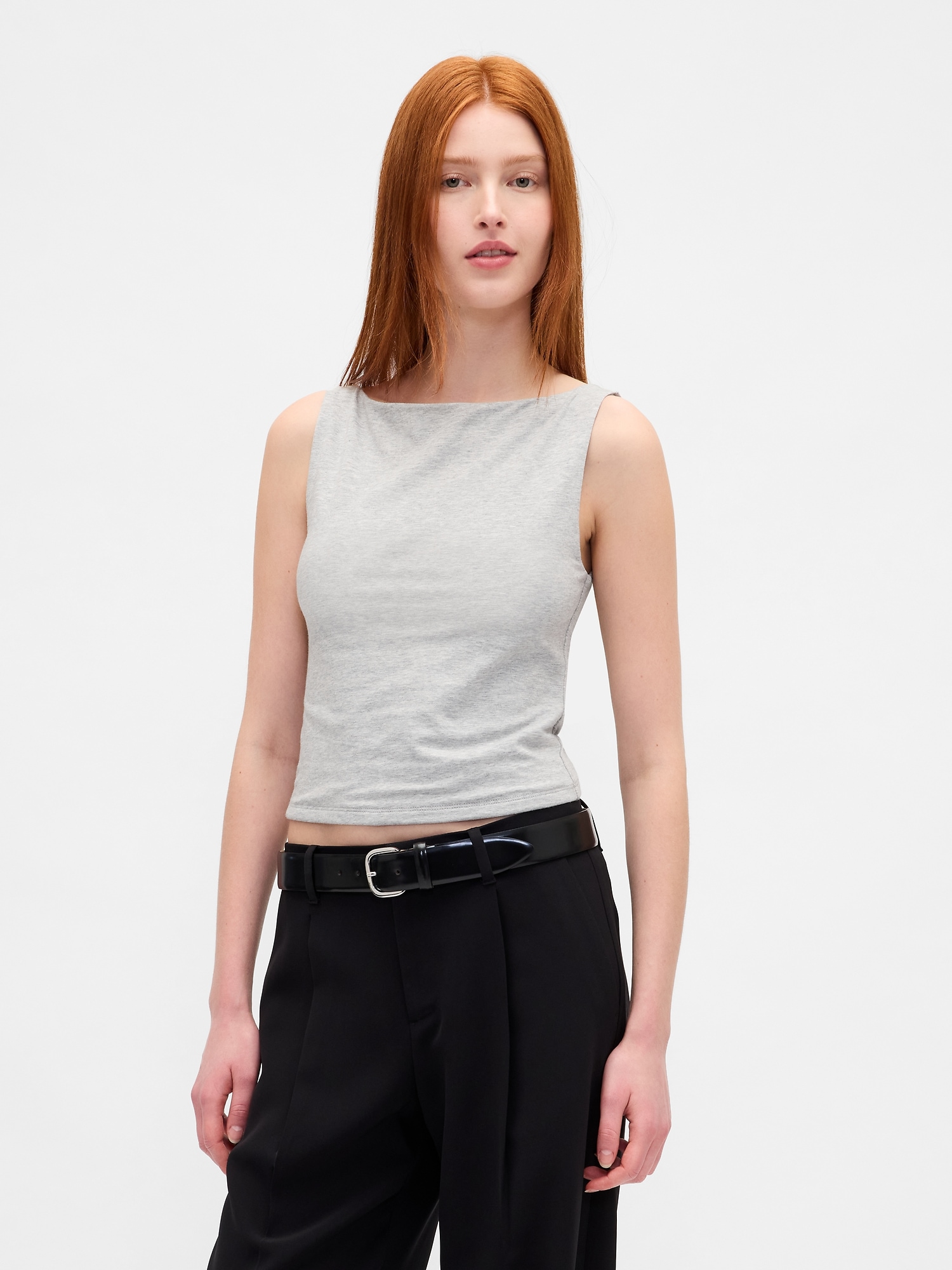 CloseKnit Jersey Boatneck Crop Tank Top - Light Heather Grey