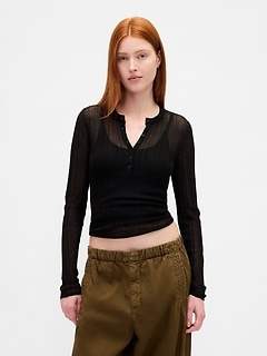 Sheer Rib Henley Sweater
