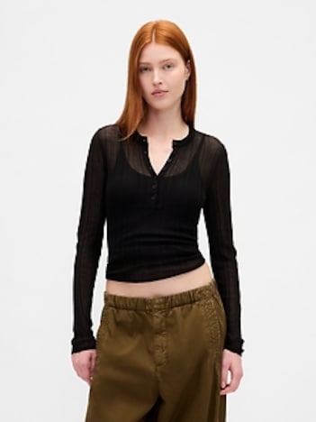 Sheer Rib Henley Sweater