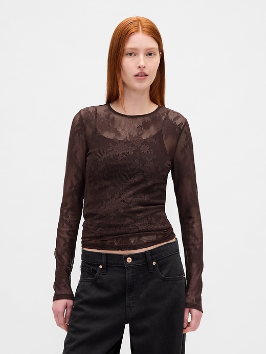 1 of 8 showing, with the color Terra brown of product Sheer Lace Top