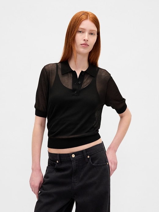 Image number 1 showing, Sheer Crop Polo Sweater