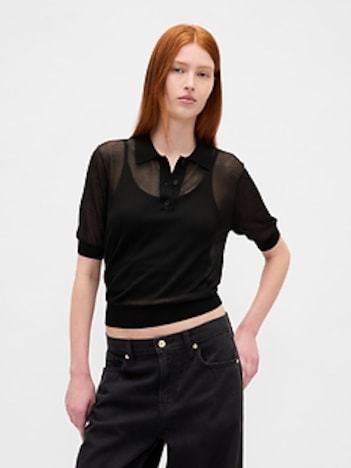 Sheer Crop Polo Sweater