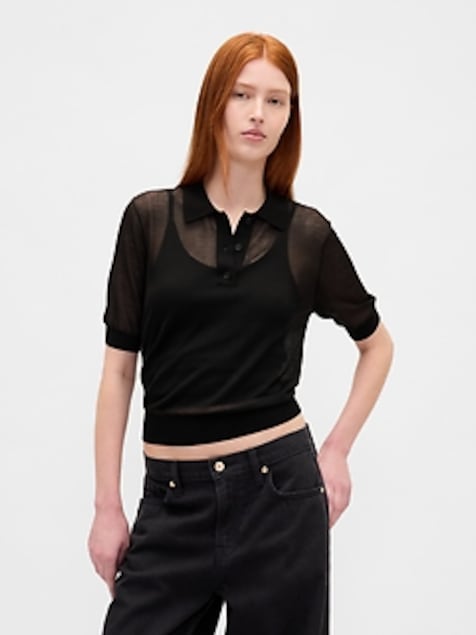 Sheer Crop Polo Sweater