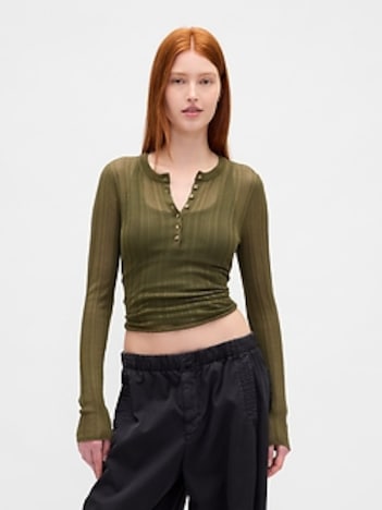 Sheer Rib Henley Sweater