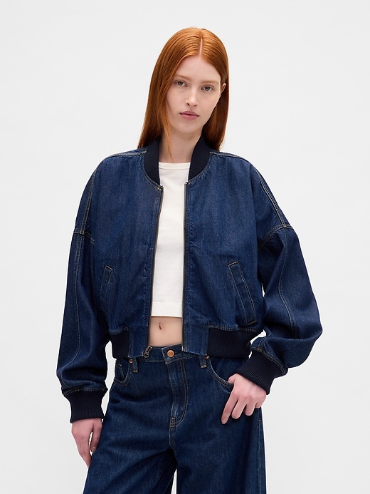 Image number 1 showing, UltraSoft Denim Crop Bomber Jacket