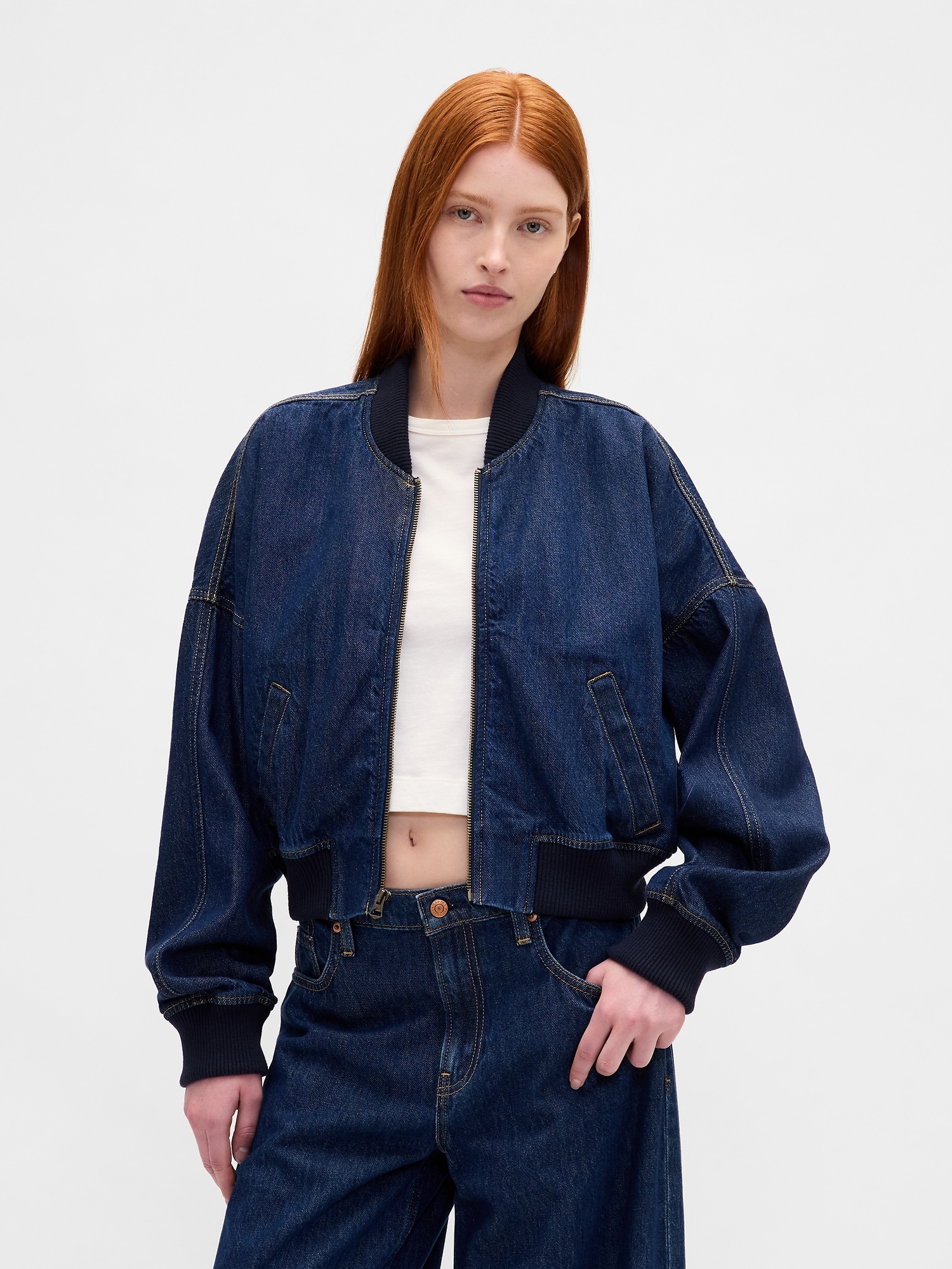 Gap Ultrasoft Denim Crop Bomber Jacket In Blue