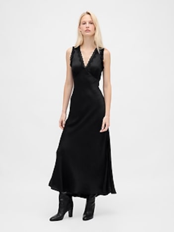 Satin Lace-Trim V-Neck Maxi Slip Dress