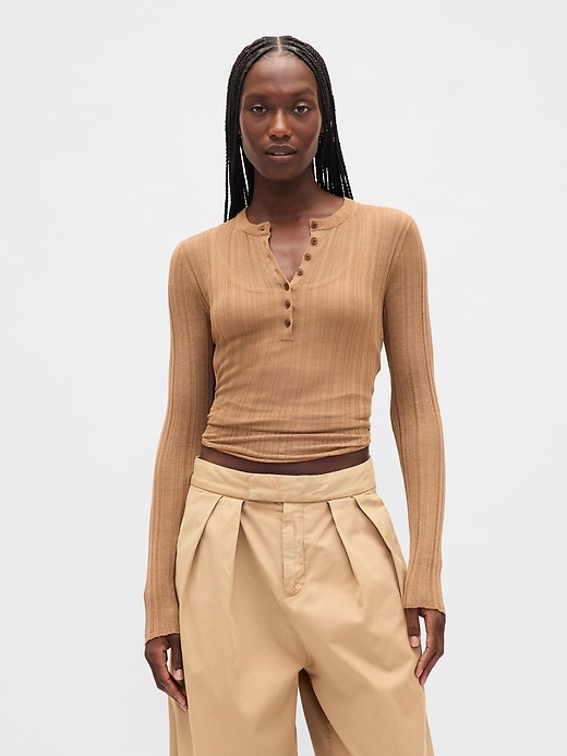 Image number 1 showing, Sheer Rib Henley Sweater