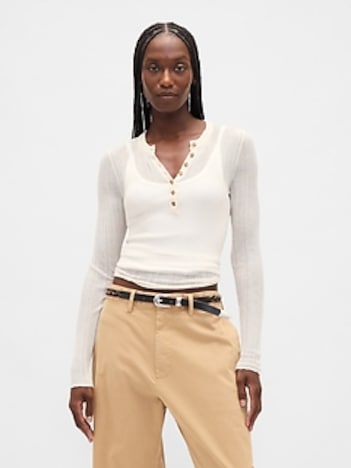 Sheer Rib Henley Sweater