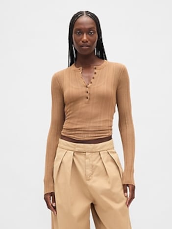 Sheer Rib Henley Sweater
