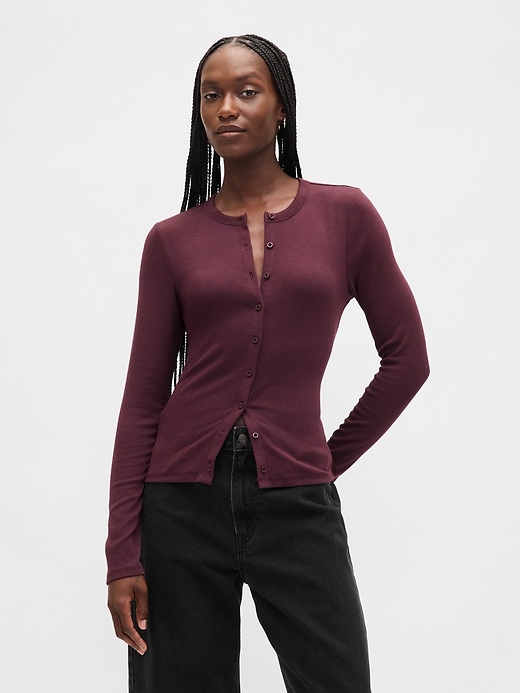 1 of 8 showing, with the color Bordeaux purple of product Modern Crewneck Cardigan