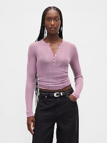 Sheer Rib Henley Sweater