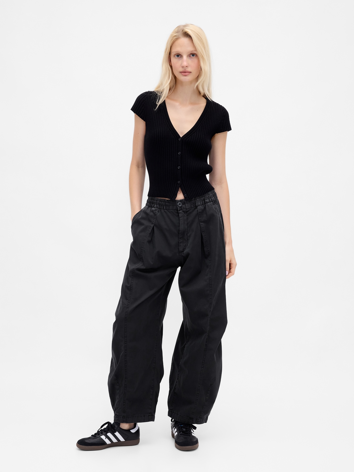 Mid Rise Twill Barrel Pants - Black