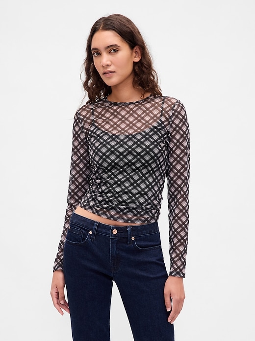 1 of 8 showing, with the color Black plaid of product Mesh Crop T-Shirt