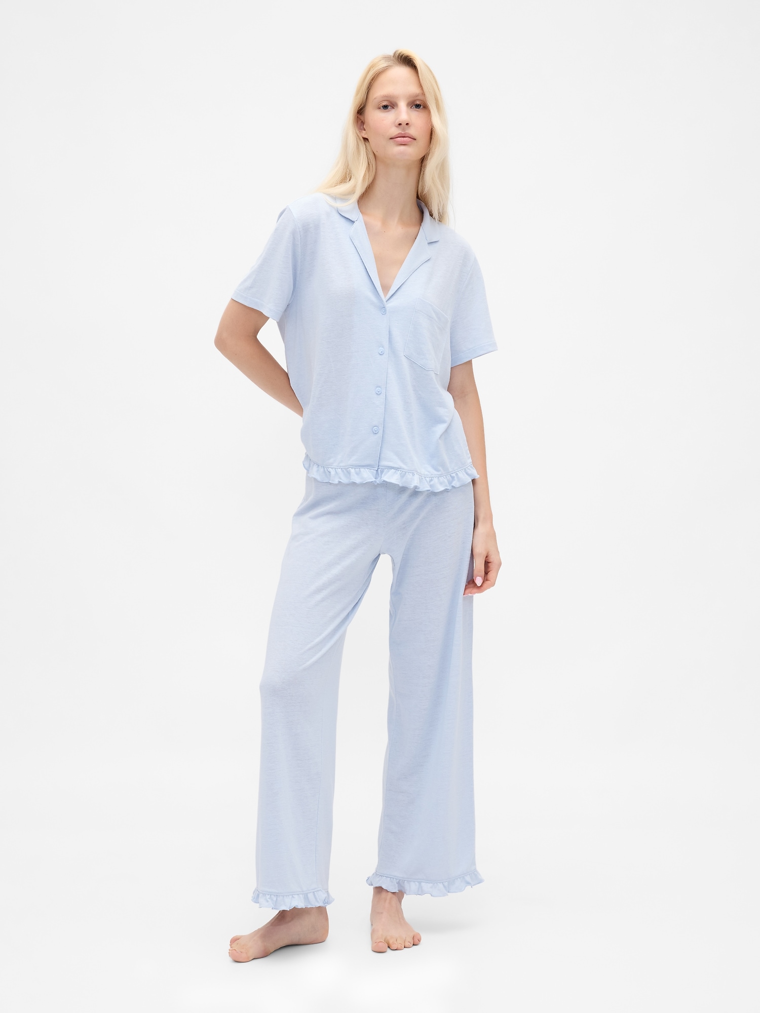 Linen-Blend Ruffle PJ Pants - Blue