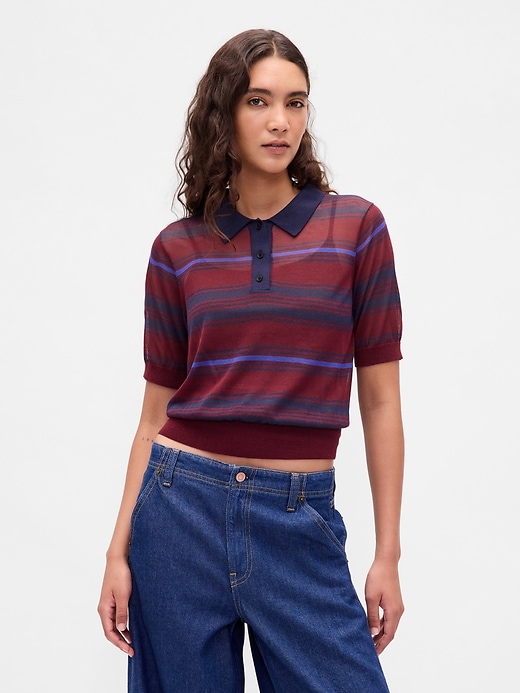 1 of 8 showing, with the color Burgundy purple stripe of product Sheer Crop Polo Sweater