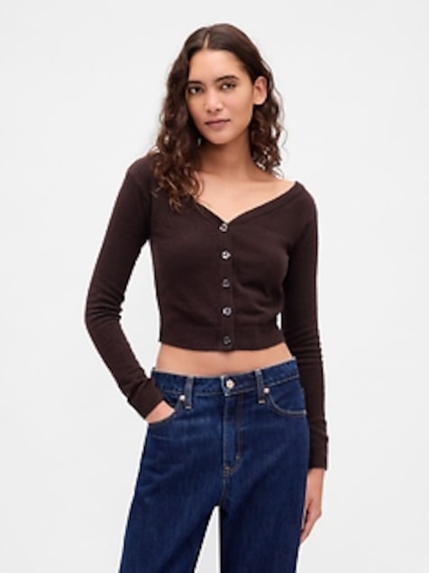 Lightweight CashSoft Crop Button-Front Top