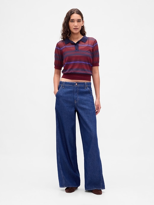 2 of 8 showing, with the color Burgundy purple stripe of product Sheer Crop Polo Sweater