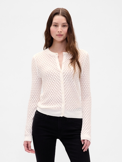 1 of 8 showing, with the color Ivory beige frost of product CashSoft Stretch Pointelle Cardigan