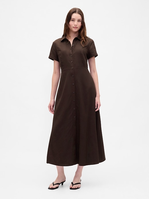 1 of 8 showing, with the color Terra brown of product Linen-Blend Midi Shirtdress