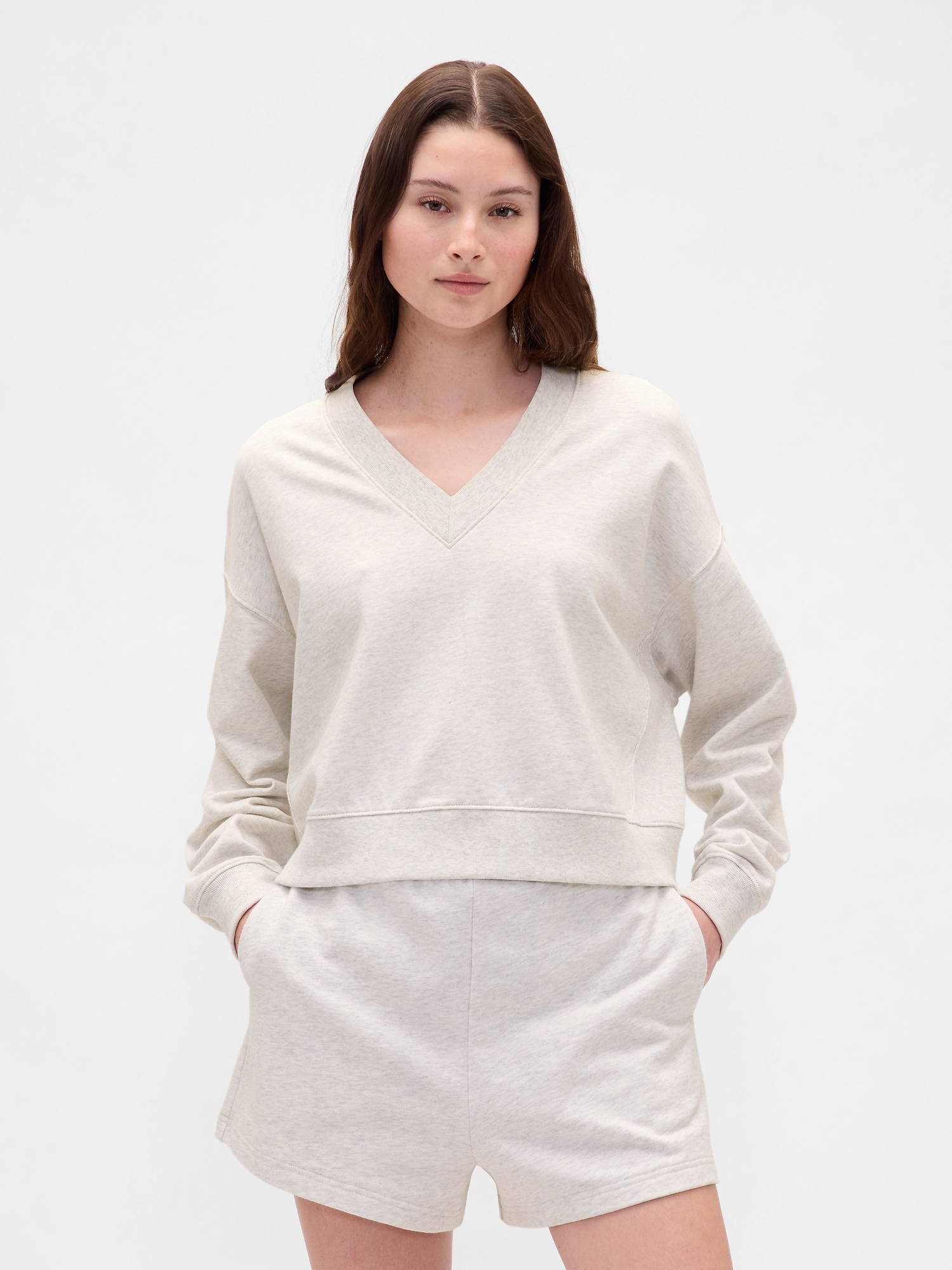 French Terry V-Neck Crop Sweatshirt - Pale Heather Grey