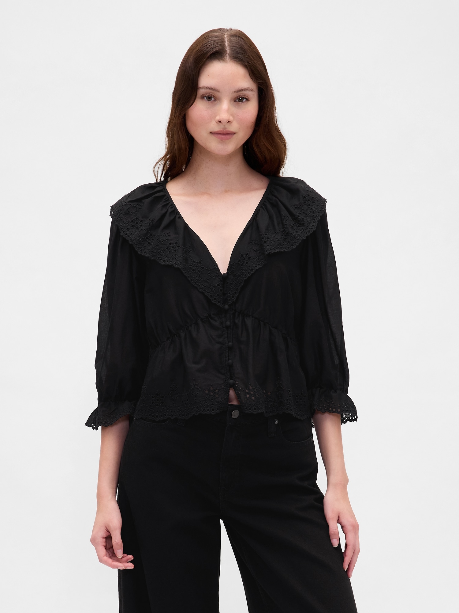 Ruffle Collar V-Neck Top - True Black