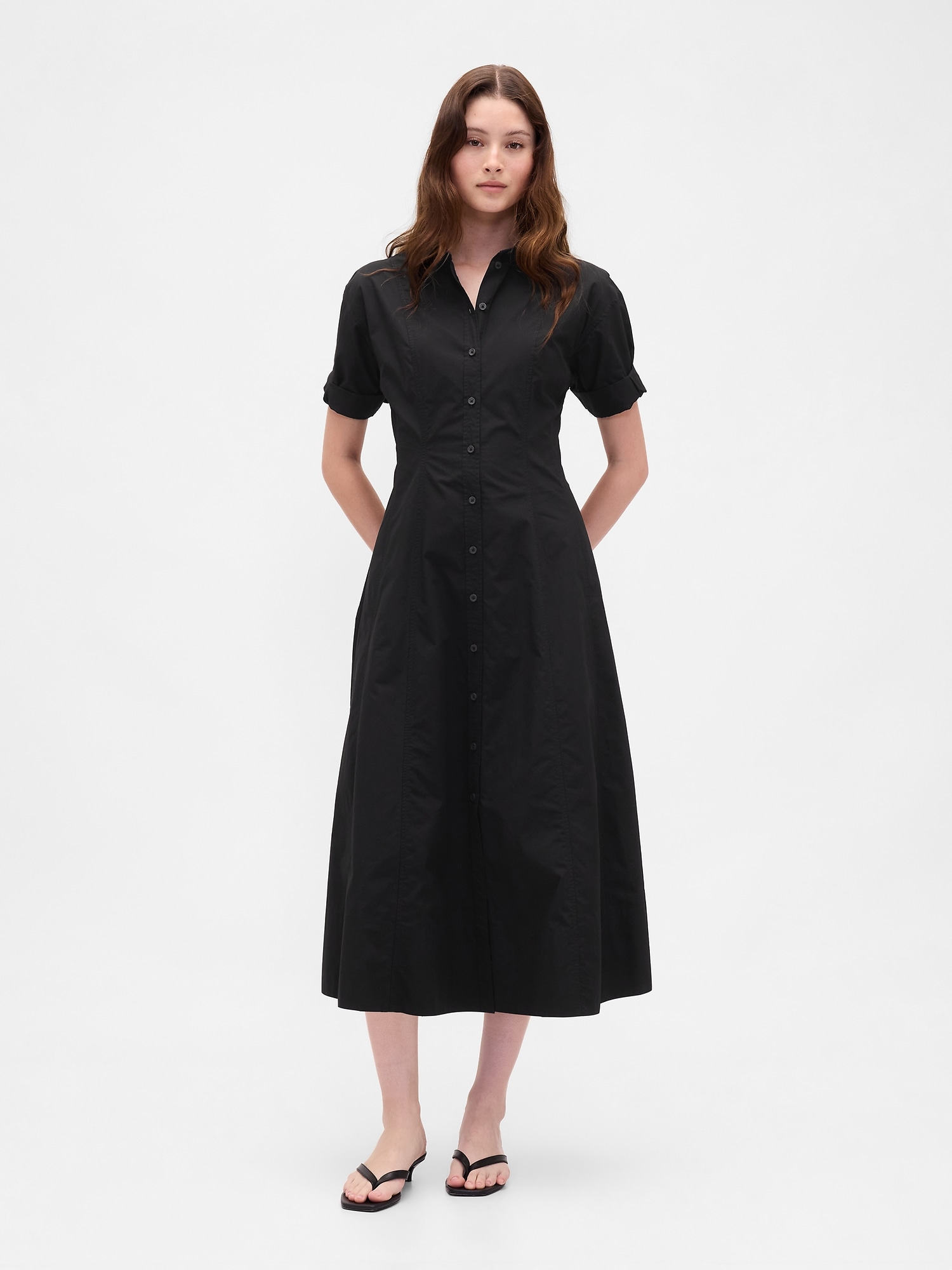 Gap Poplin Roll-cuff Midi Shirtdress In Black