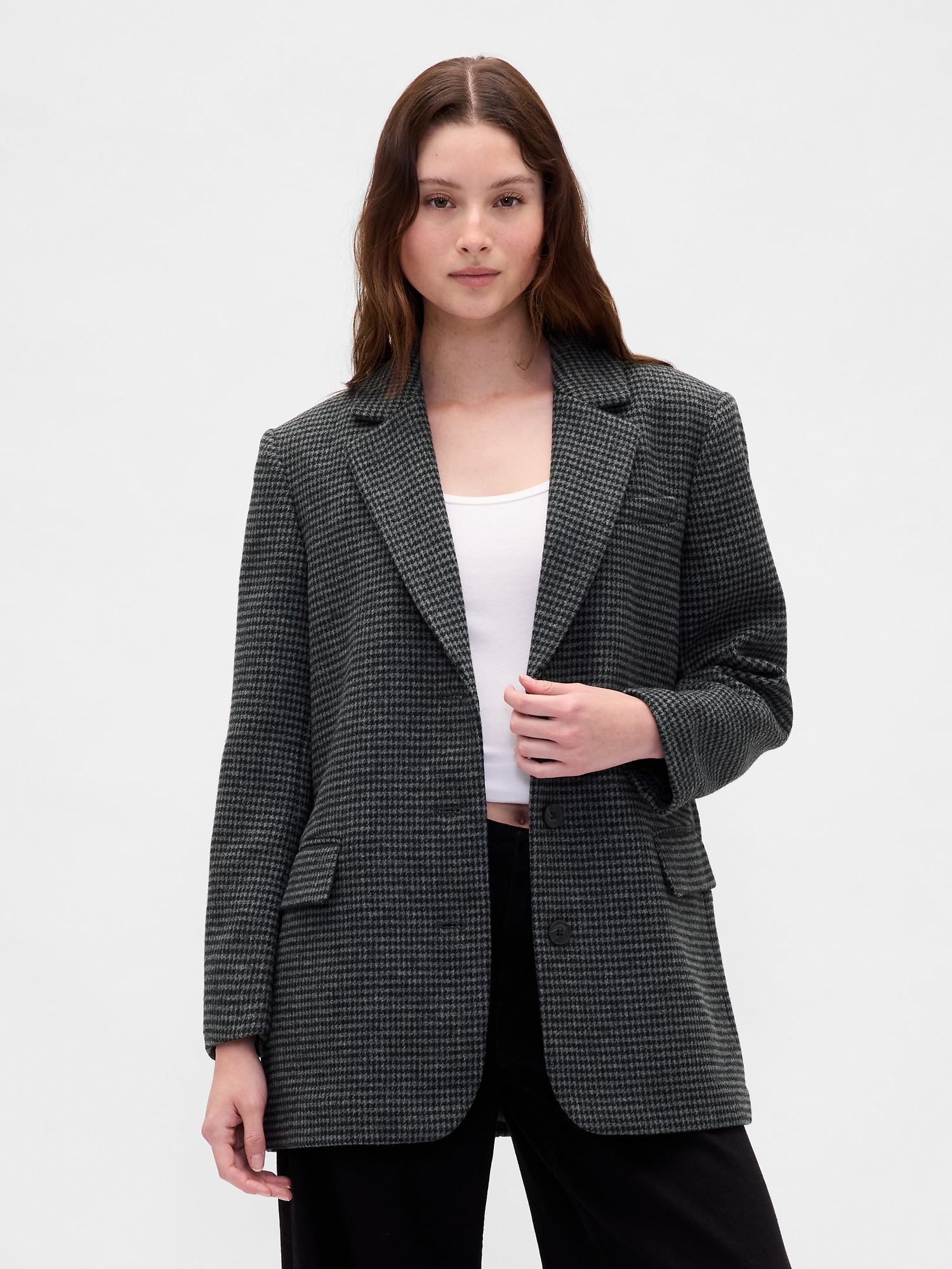Relaxed Houndstooth Blazer - Grey Plaid