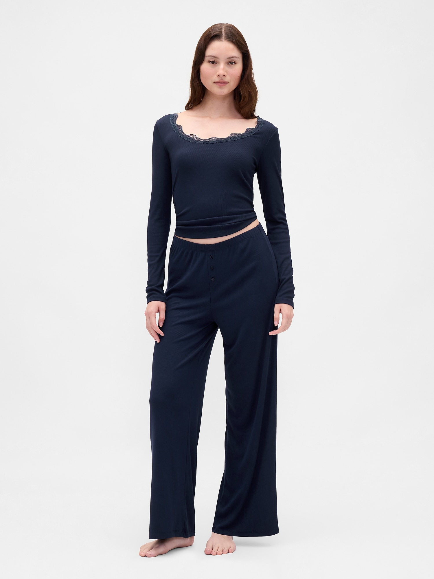 Mini Rib Wide-Leg PJ Pants - Navy Blue