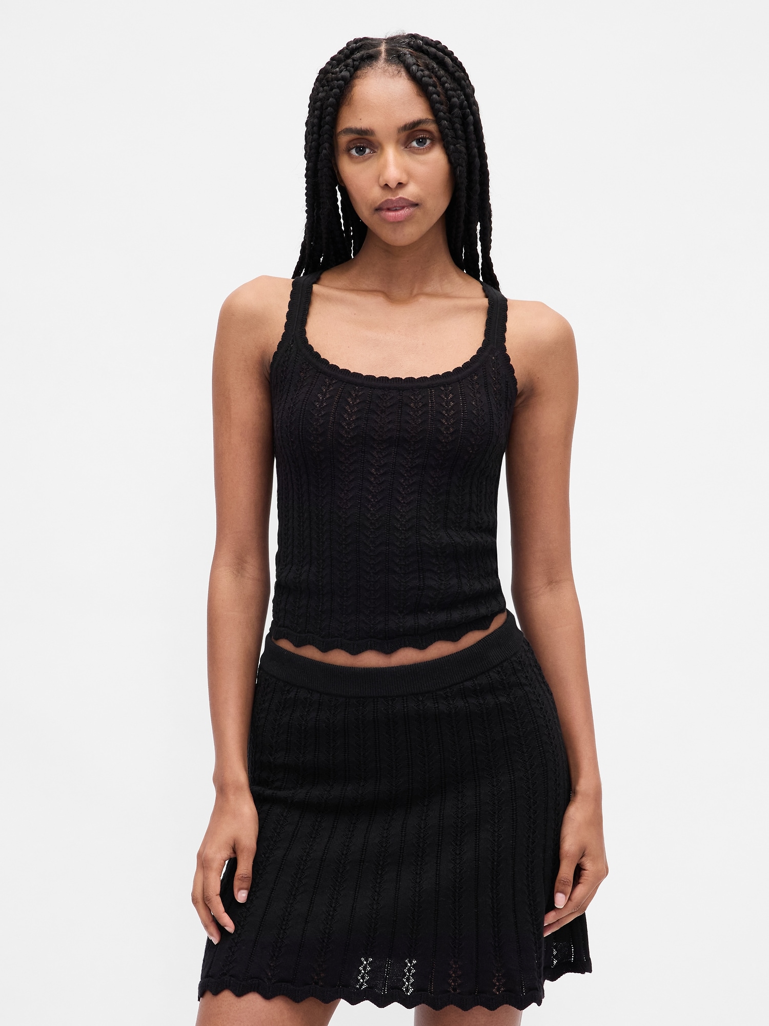 100% Cotton Pointelle Tank Top - Black