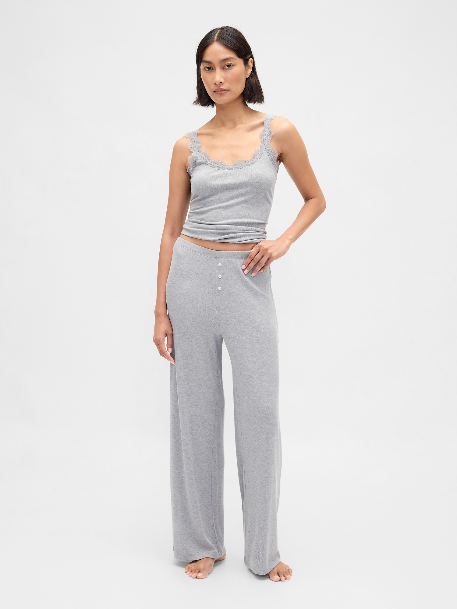 Mini Rib Wide-Leg PJ Pants - Light Heather Grey