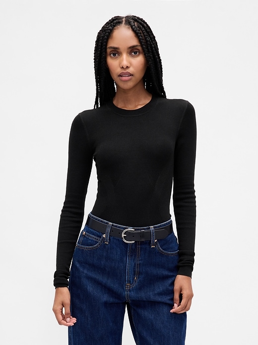 1 of 8 showing, with the color Black of product Sheer Rib Bodysuit