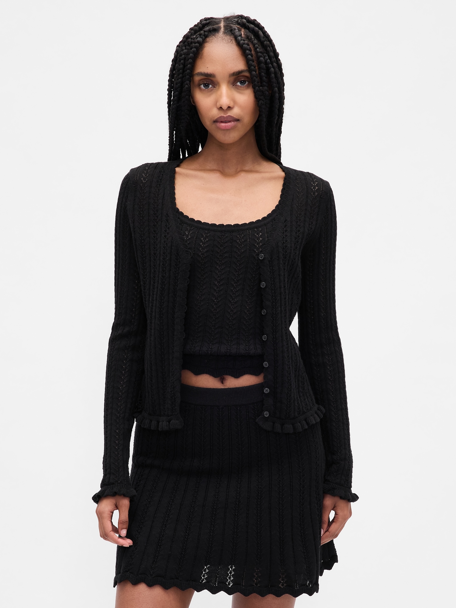 100% Cotton Pointelle Cardigan - Black