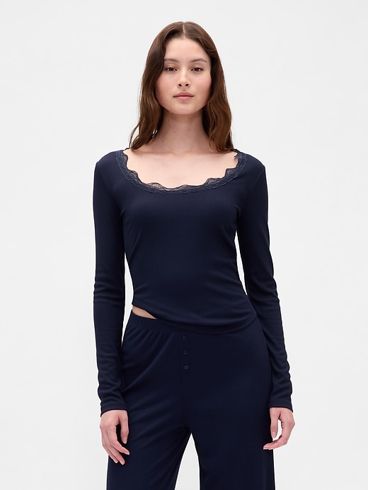 Image number 1 showing, Mini Rib Lace-Trim PJ Top