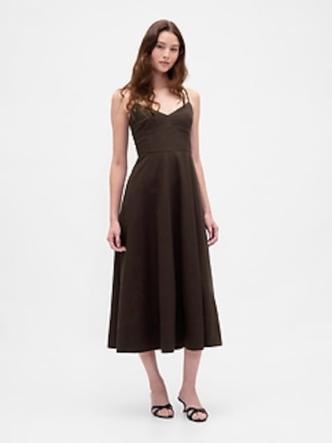 Linen-Blend Seamed Corset Midi Dress