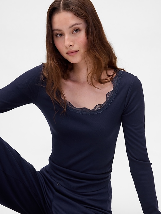 Image number 5 showing, Mini Rib Lace-Trim PJ Top