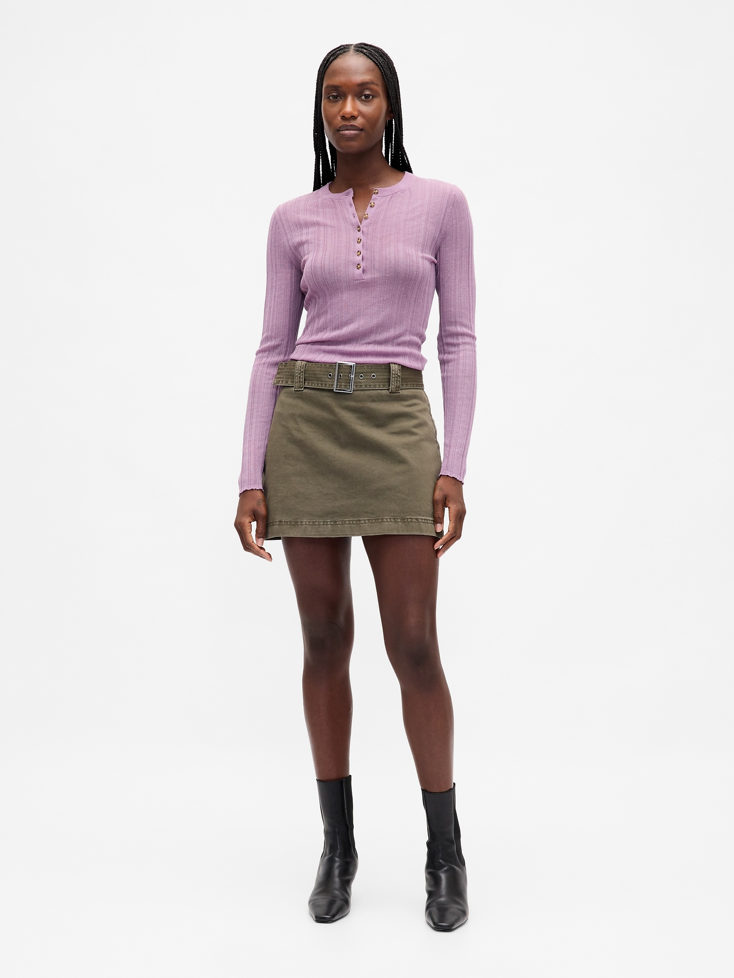 Belted Mini Skort - Black Moss Green