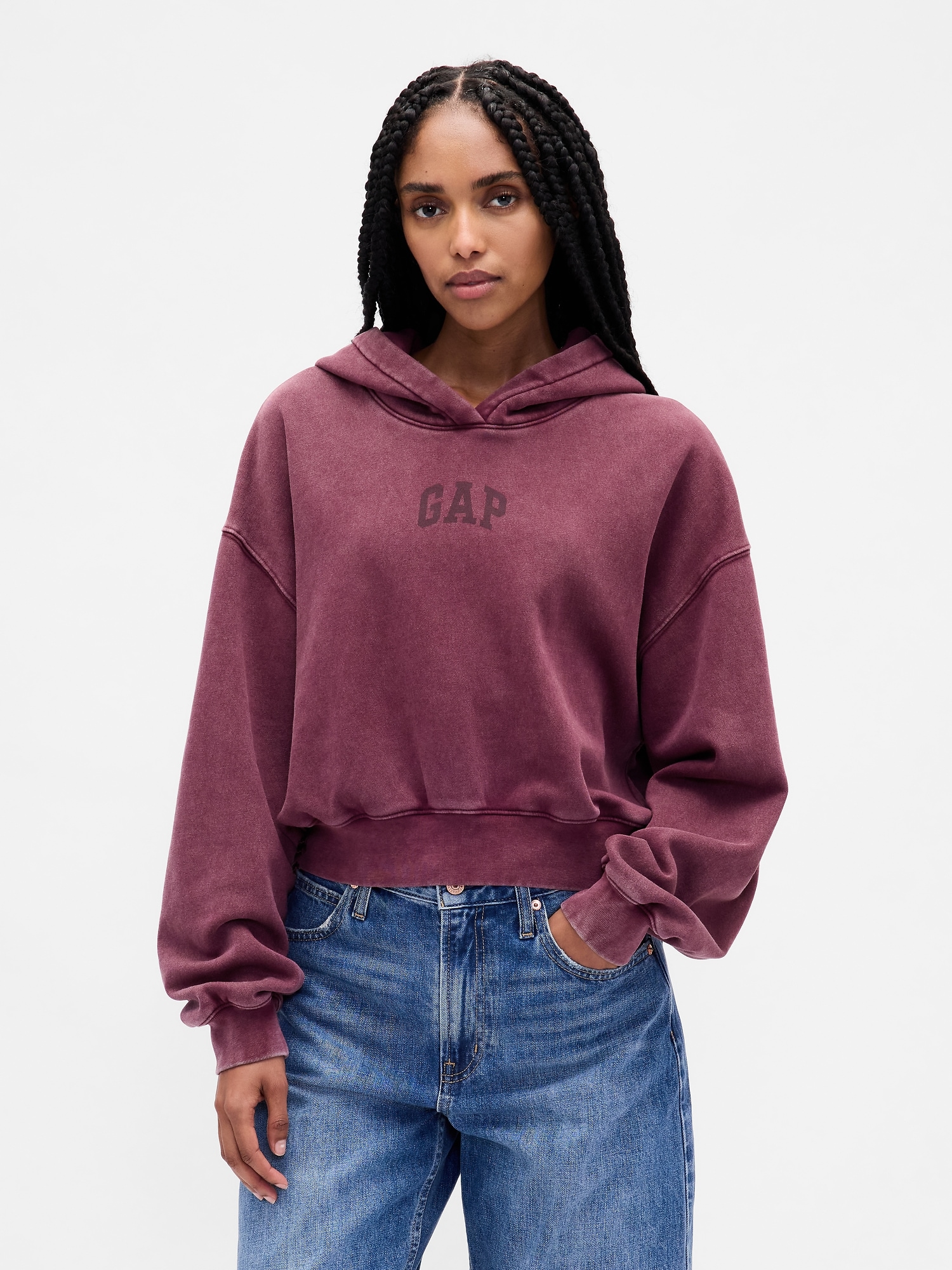 VintageSoft Crop Logo Hoodie - Tuscan Red Wash