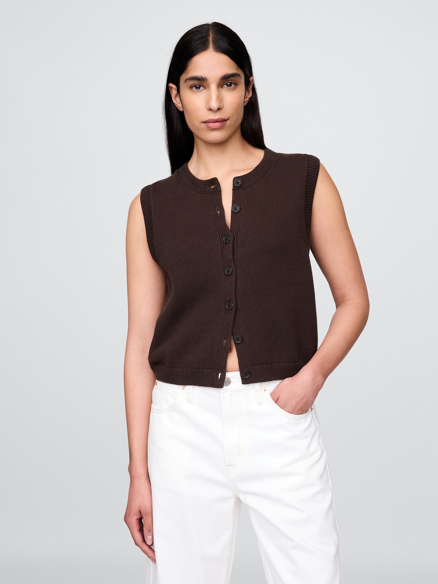 Cropped Cardigan Sweater Vest - Terra Brown