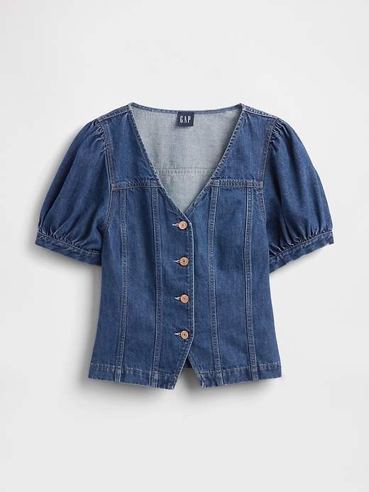 Image number 1 showing, Denim Puff-Sleeve Seamed Top