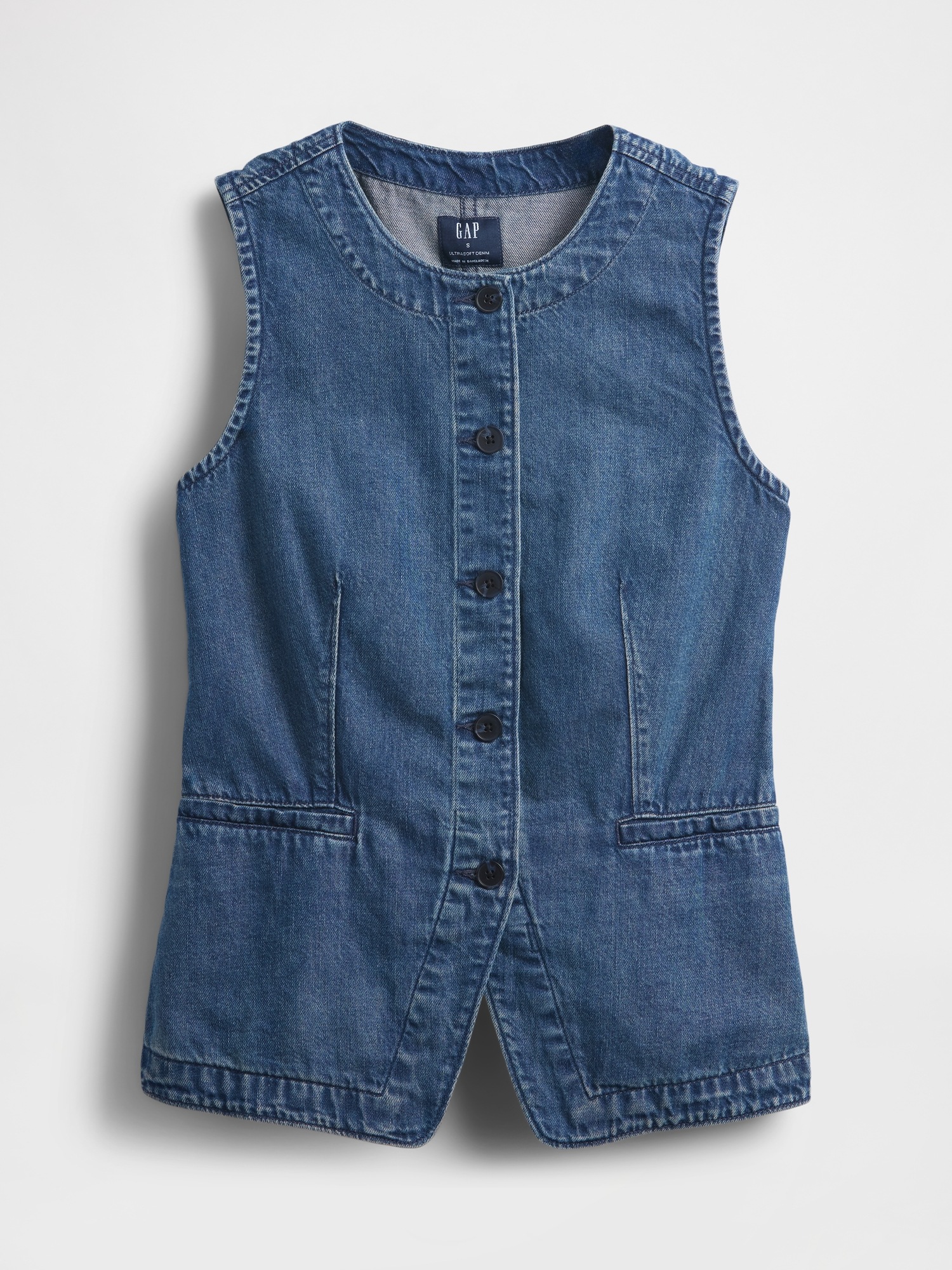 Женский жилет Gap UltraSoft Denim Longline Vest, цвет: Тёмная варка — фото 4
