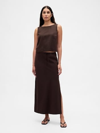Linen-Blend Midi Skirt