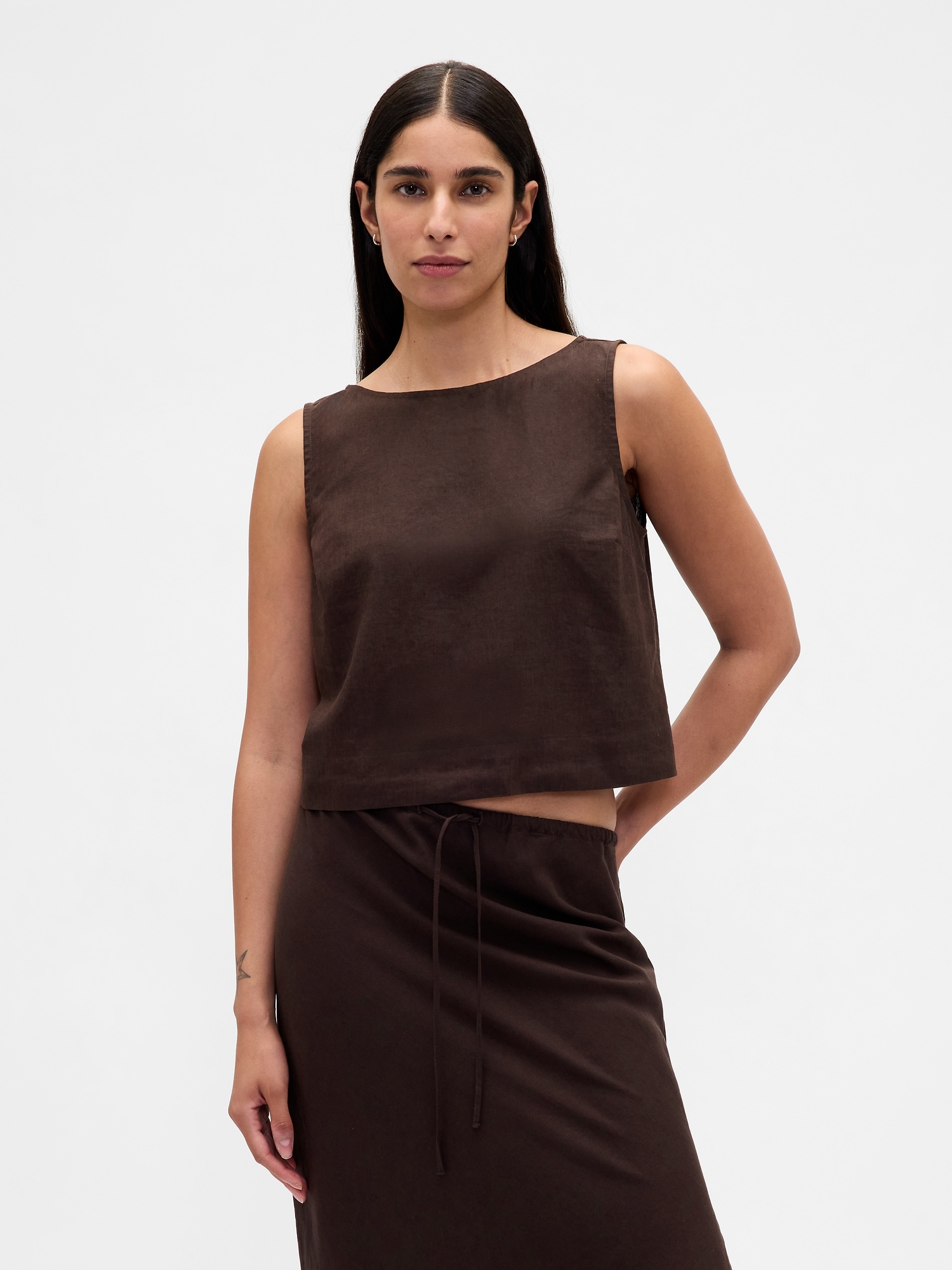 Linen-Blend Crop Shell Tank Top - Terra Brown