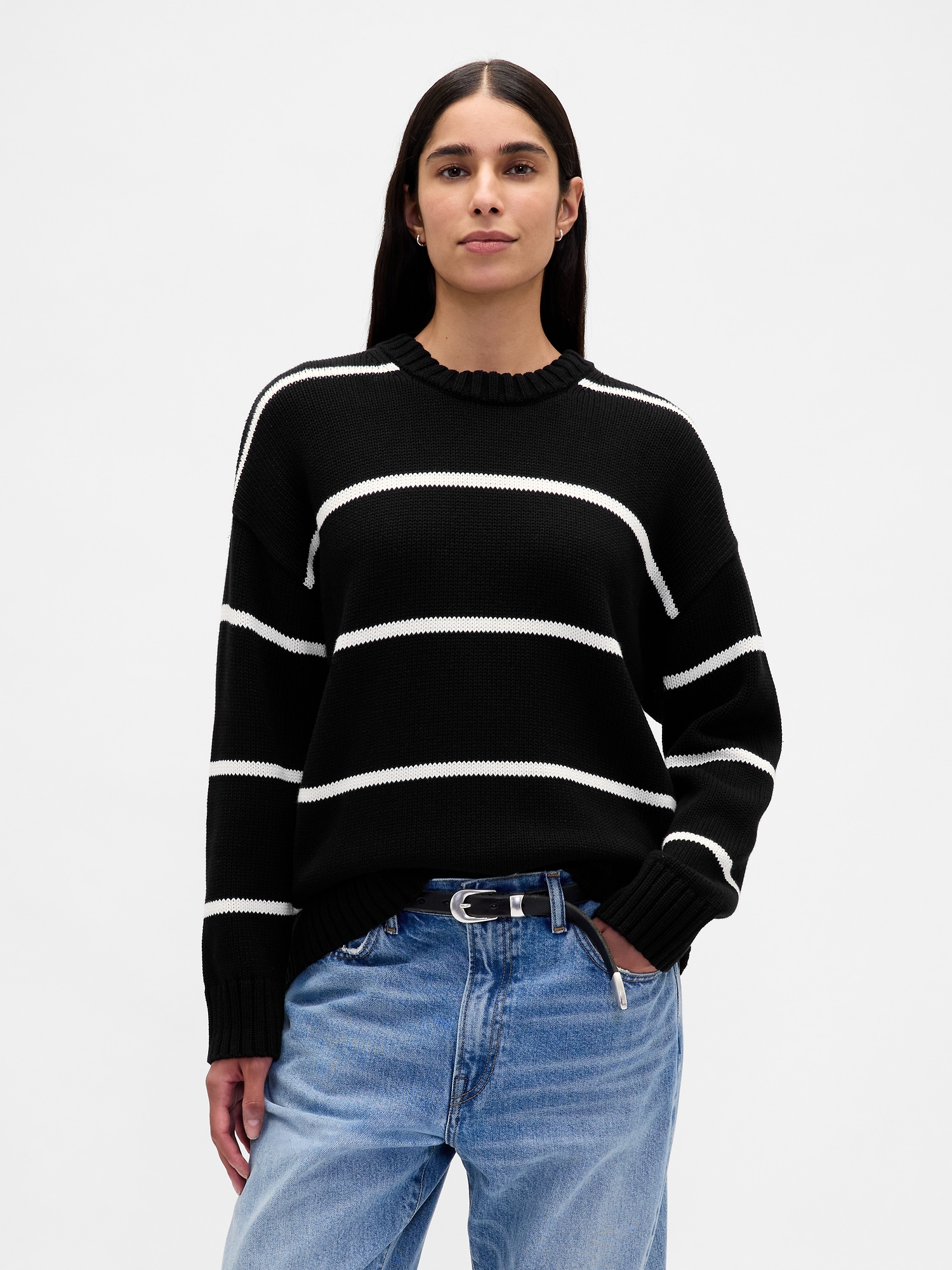 100% Cotton Oversized Sweater - Black & White Stripe