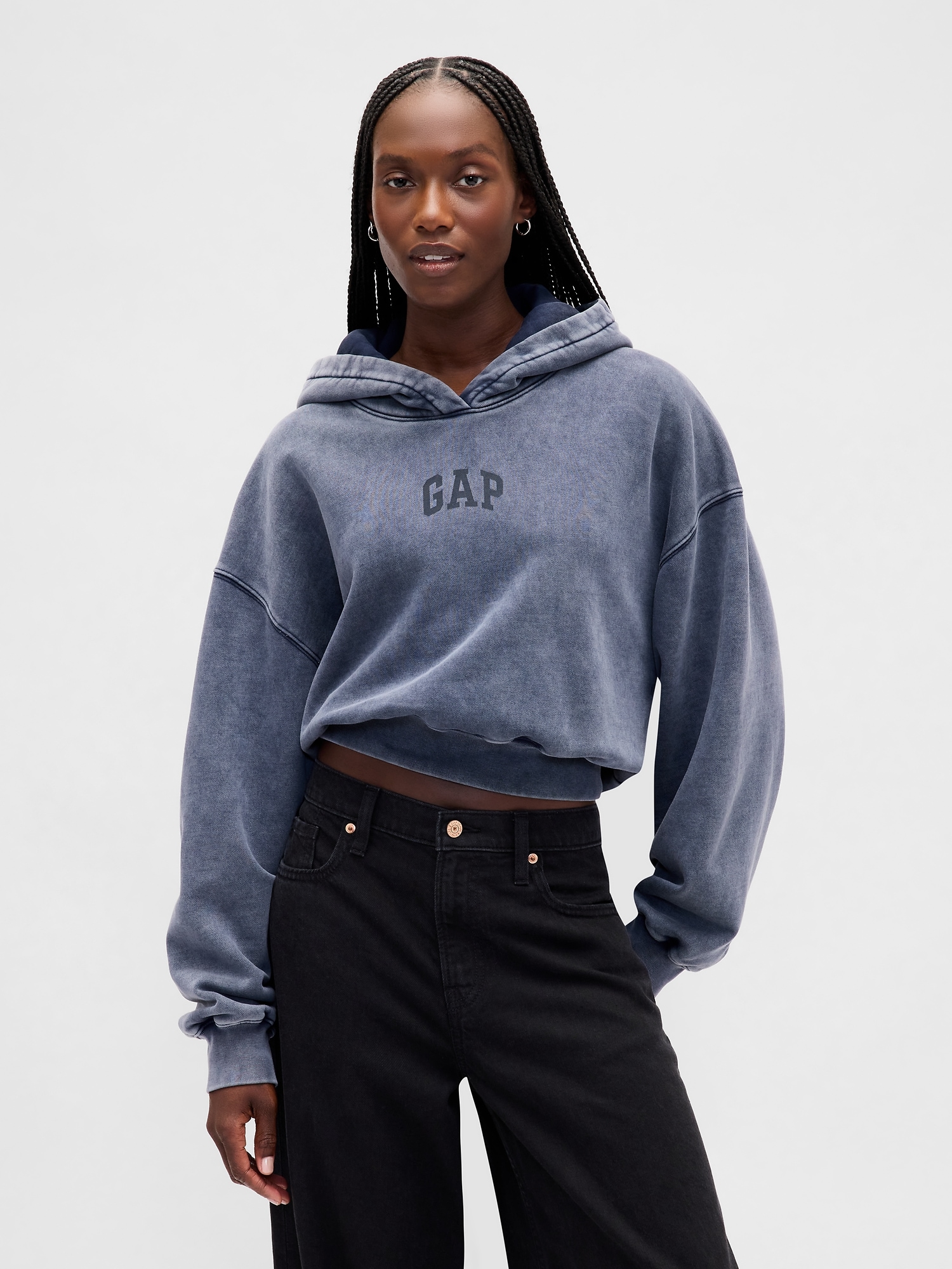 VintageSoft Crop Logo Hoodie - Tapestry Navy Blue