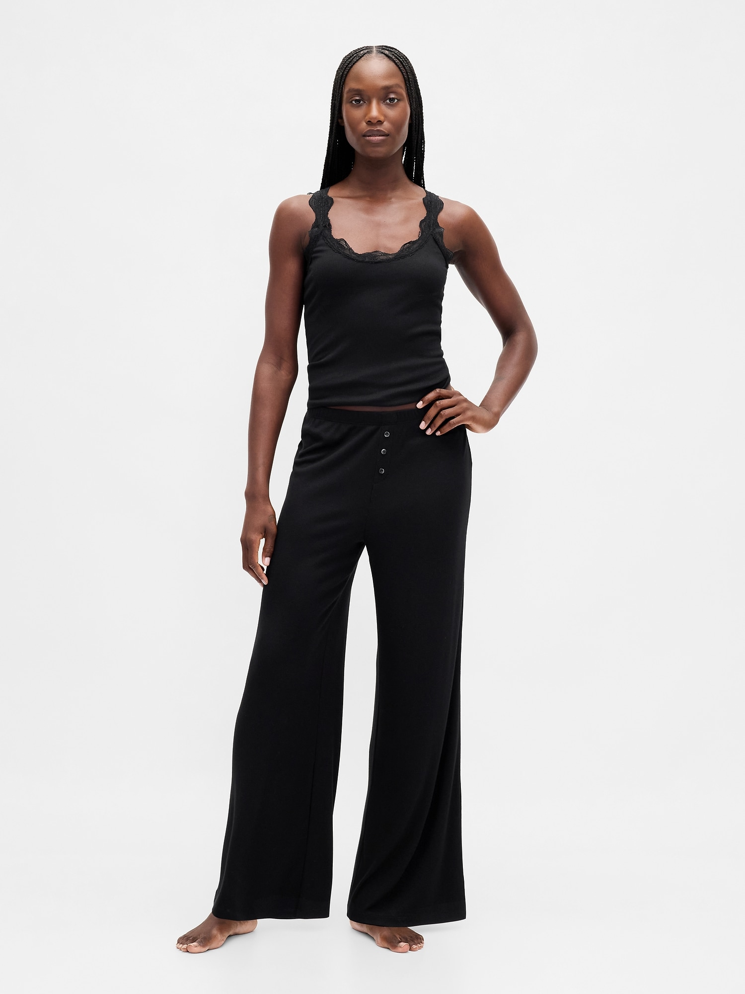 Mini Rib Wide-Leg PJ Pants - True Black