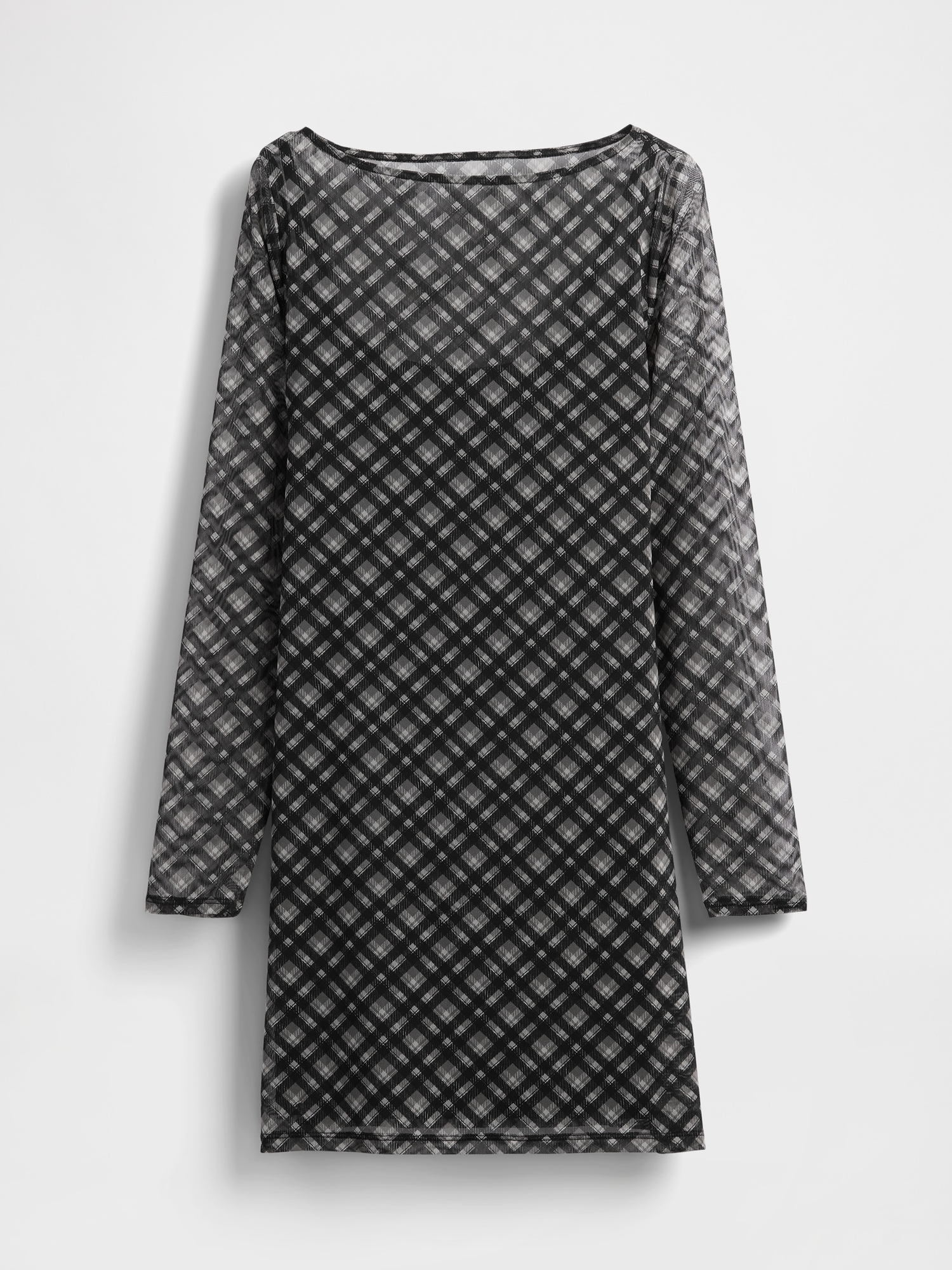 Mesh Boatneck Mini Dress - Grey Plaid