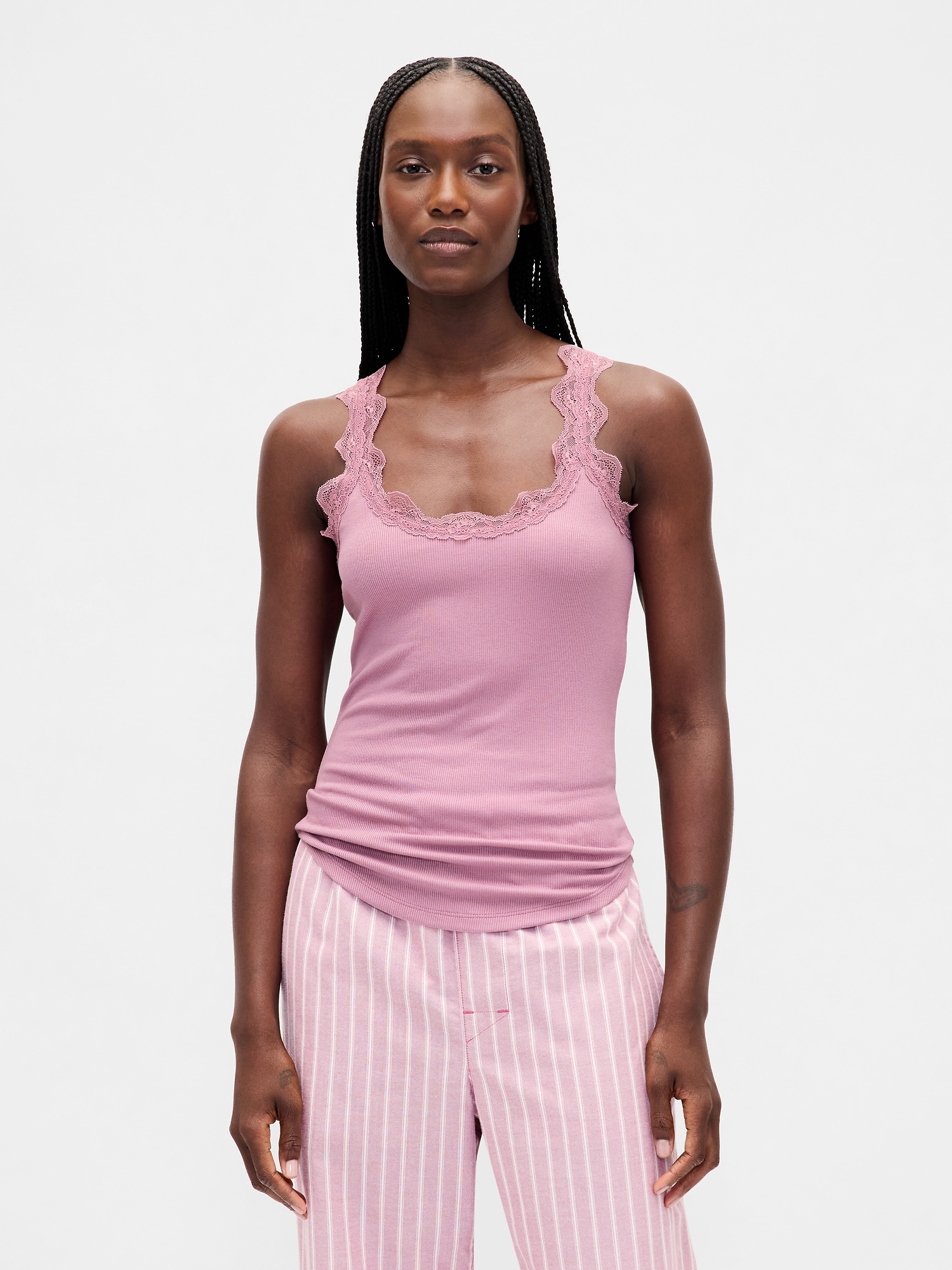 Mini Rib Lace PJ Tank Top - Wispy Pink Mauve