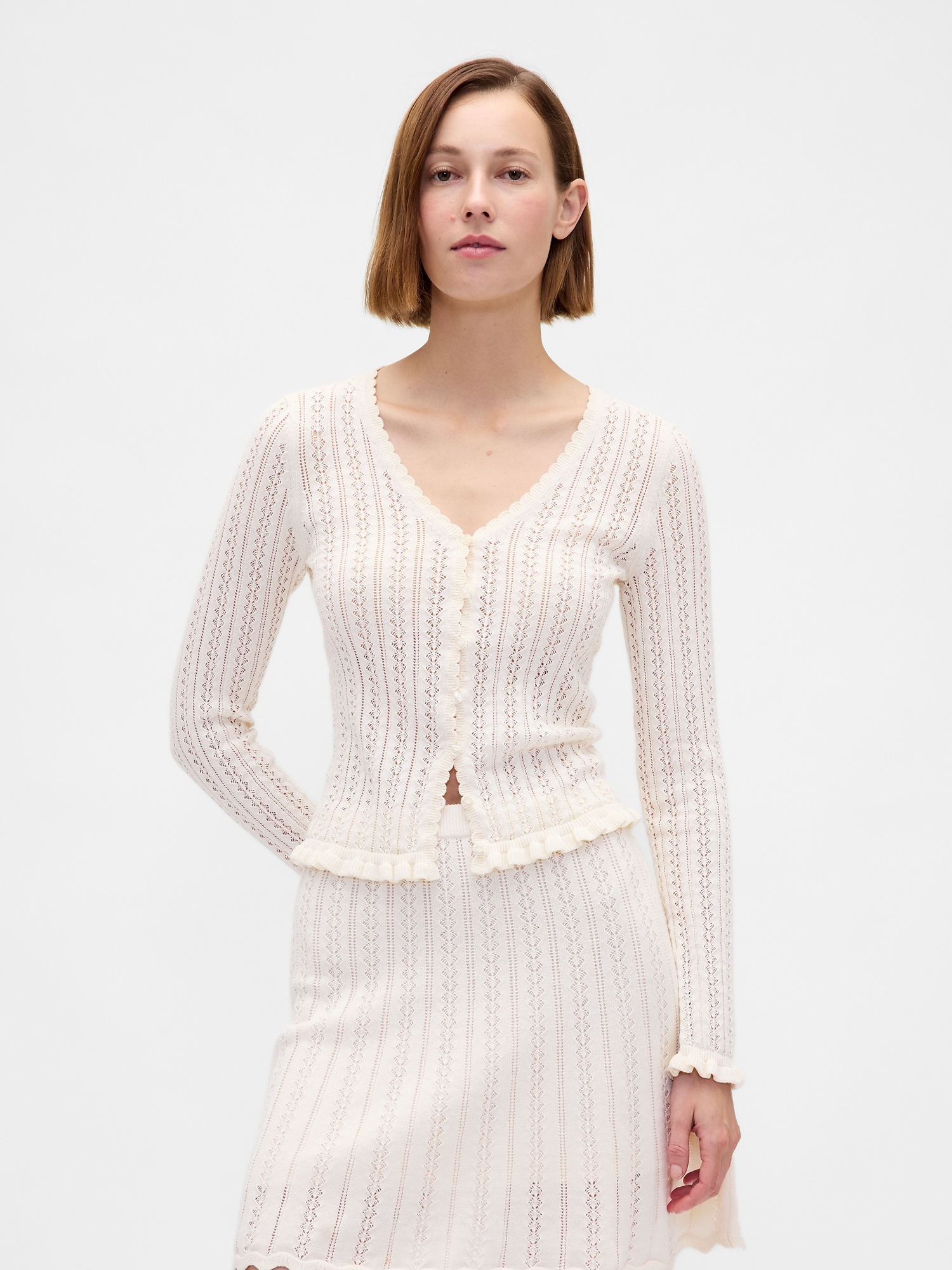 100% Cotton Pointelle Cardigan - Ivory Beige Frost