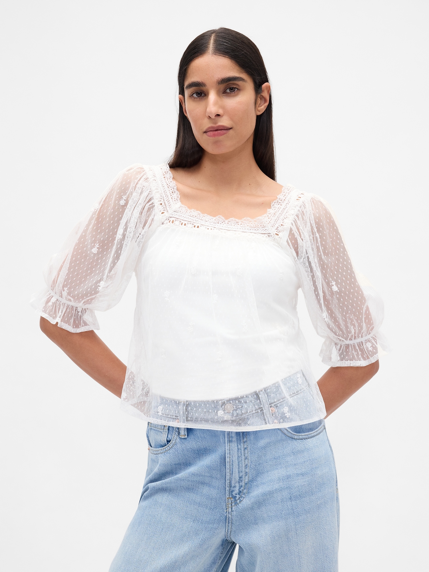 Sheer Tulle Embroidered Top - Fresh White